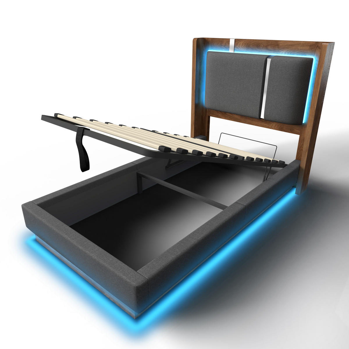 BOXBETT mit Bettkasten & LED, Leinenstoff, hochklappbar mit Lattenrost, 90x200cm, Grau - Grau, Holz/Textil (90/200cm) - LVHOM