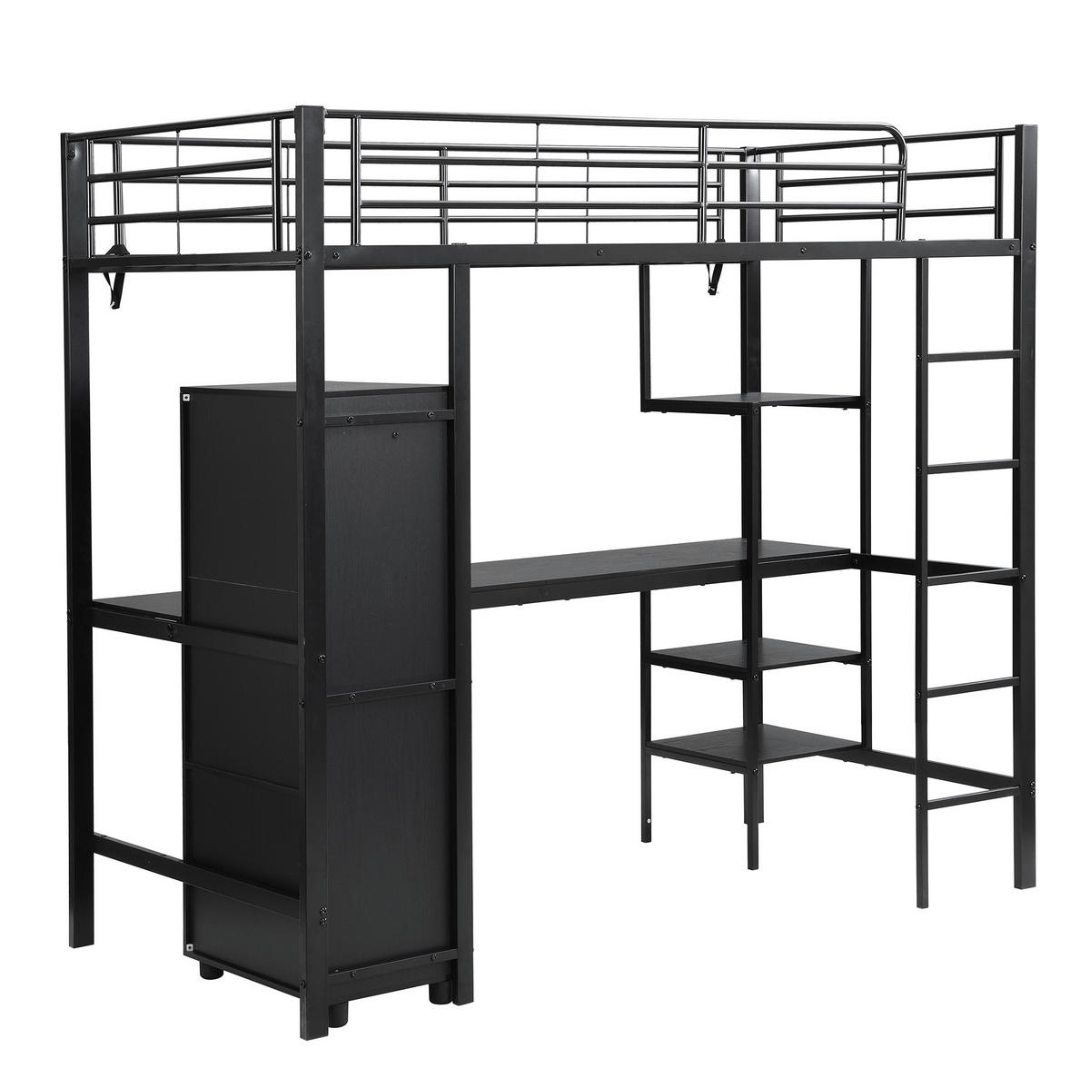 PALANDA 204/95/180 cm s psacím stolem, šatní skříní, policemi a 5stupňovým žebříkem, Černá - černá, kov (90/200cm) - Redom