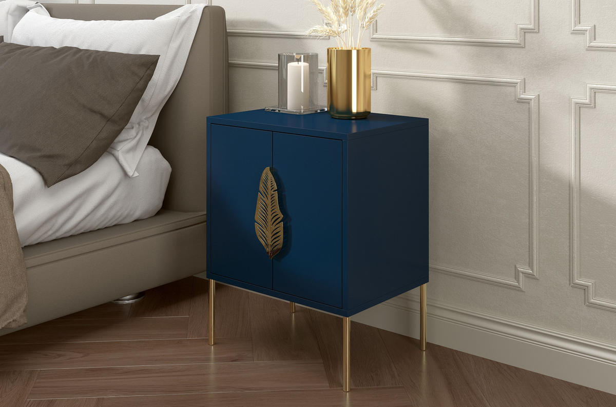 NACHTTISCH Merlin, Marinblau, Goldene Details - Goldfarben/Dunkelblau, Holzwerkstoff/Metall (54/69/40cm) - Skandica