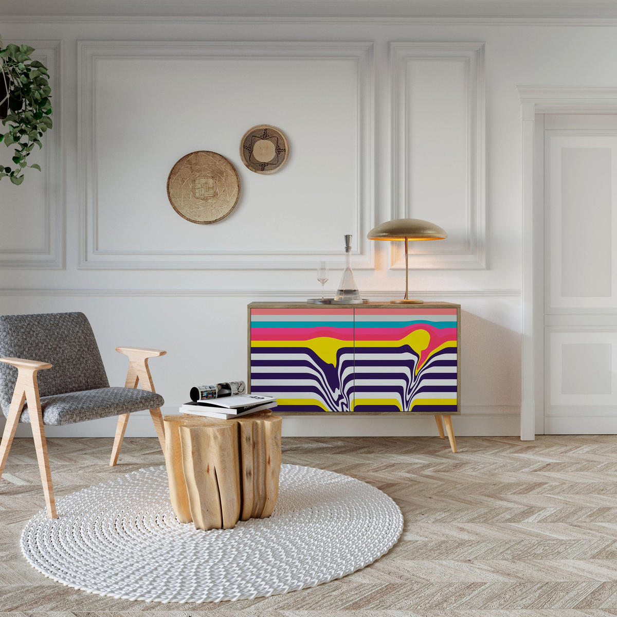 SIDEBOARD TONE COLLAPSE, Eicheneffekt, 111x42x77,5 cm, 2 Türen - Eichefarben/Buchefarben, Holzwerkstoff/Buchenholz (111/77.5/42cm) - SpaceRebels