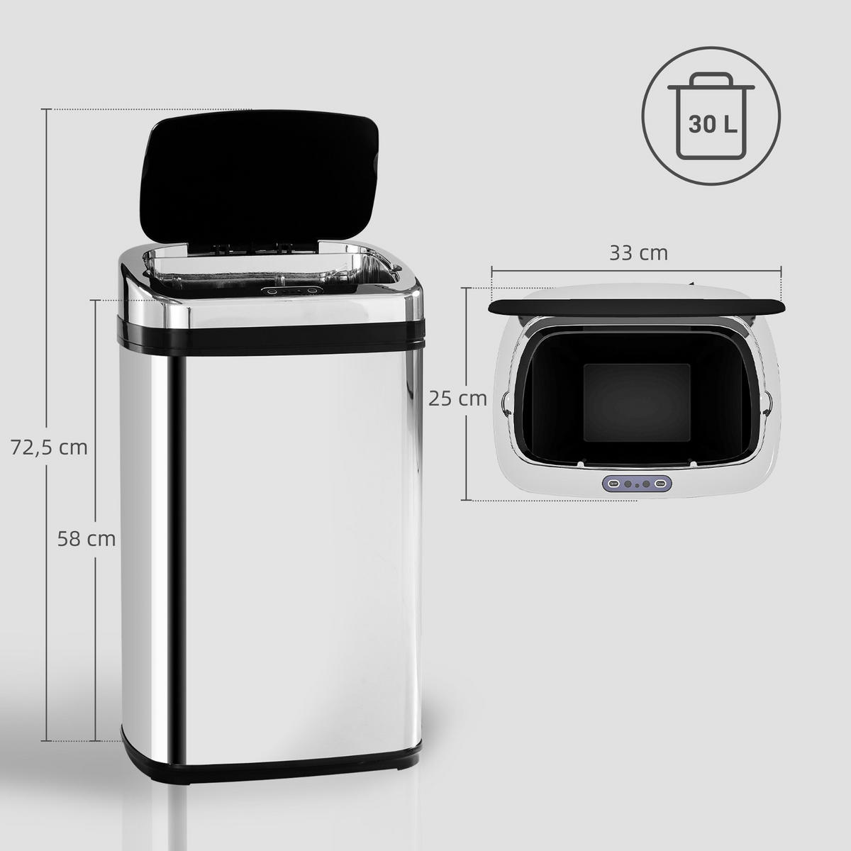MÜLLEIMER AUTOMATISCHER 33/58/25 cm Edelstahl Silber Infrarotsensor Küche - Silberfarben, Metall (25/58/33cm) - Rolipo