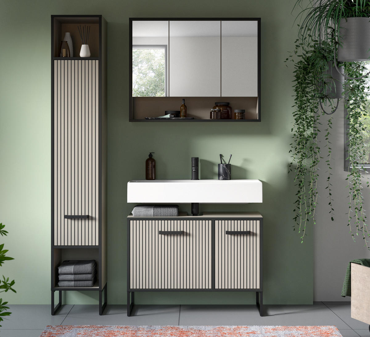 BADMÖBEL-SET 3-teilig Scana in schwarz, sand 125 cm, Kombination mit Soft-Close - Sandfarben/Schwarz, Glas/Holzwerkstoff (125/192/36cm) - Inn.Furn