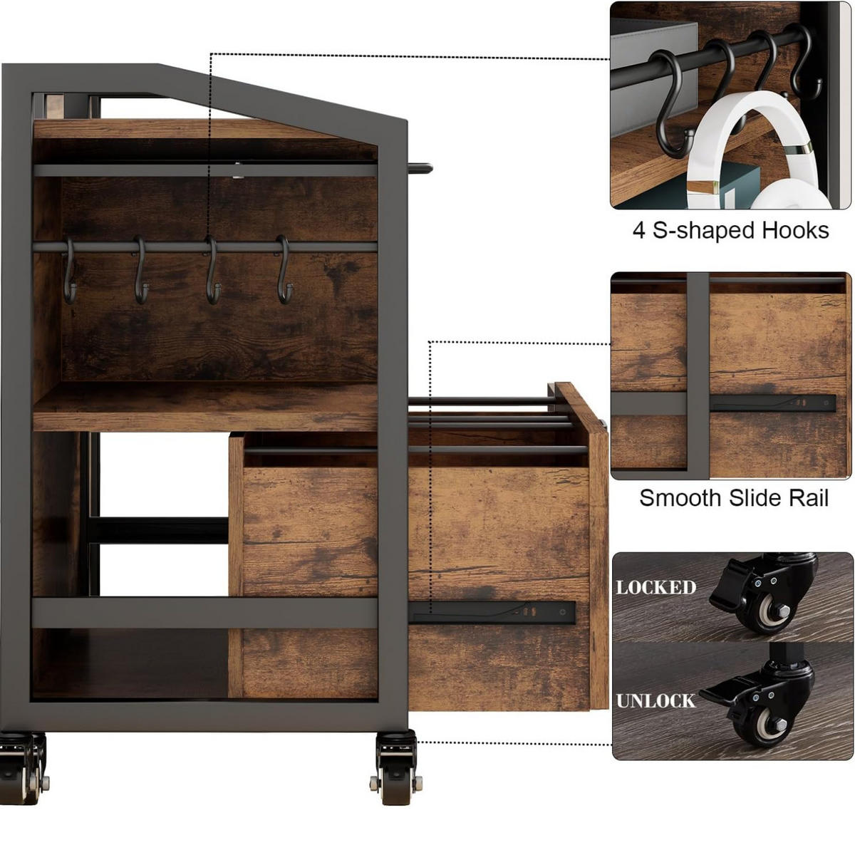 ROLLCONTAINER AKTENSCHRANK mit Hängeregister & Rollen INDUSTRIAL 83.8 x 40.0 x 72.5 cm - Wildeiche, Holzwerkstoff/Metall (83/72.5/40cm) - Quality Elegance