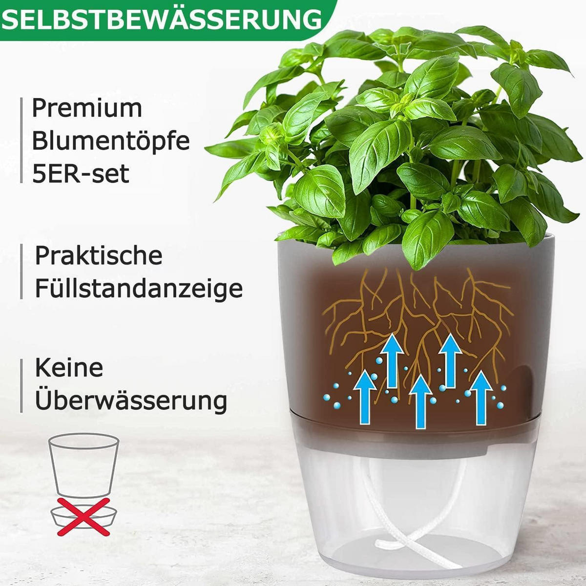 BLUMENTOPF 5er Set mit Bewässerungssystem Grau - Grau, Kunststoff (15.3/18/15.3cm)