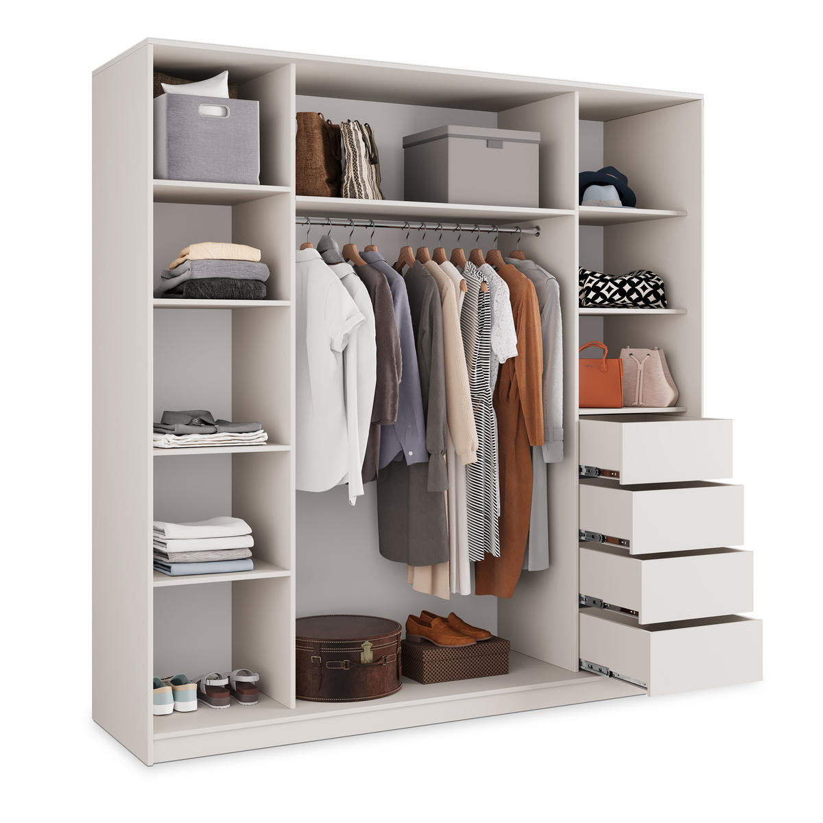 SCHWEBETÜRENSCHRANK TARI 180/205/58 cm 3-türig mit Spiegel und Schubladen Kaschmir - Kaschmir/Silberfarben, Holzwerkstoff (180/205/58cm) - MASSENO