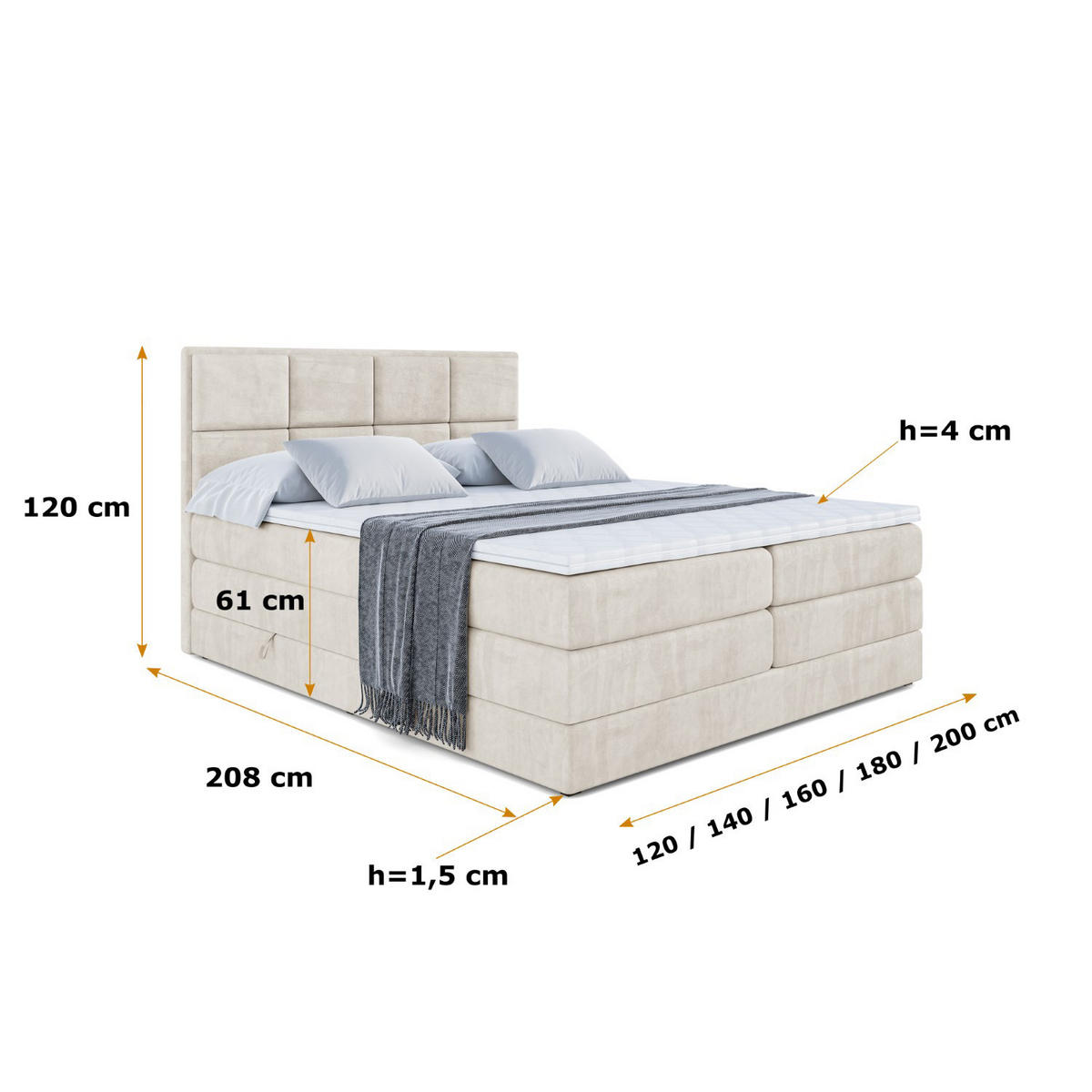 BOXSPRINGBETT NOVA KING - 140 x 200 - H3/H4 - Ecru - Ecru, Holzwerkstoff (140/200cm) - ALTDECOR