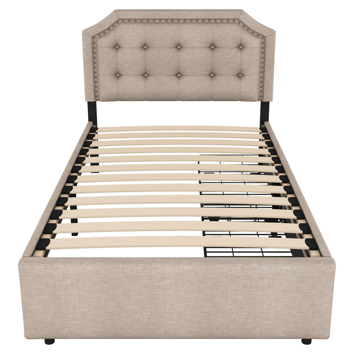 POLSTERBETT 90/200 cm Dunkelbeige mit Aufbewahrung und Zierknöpfen - Beige, Textil (90/200cm) - OKWISH