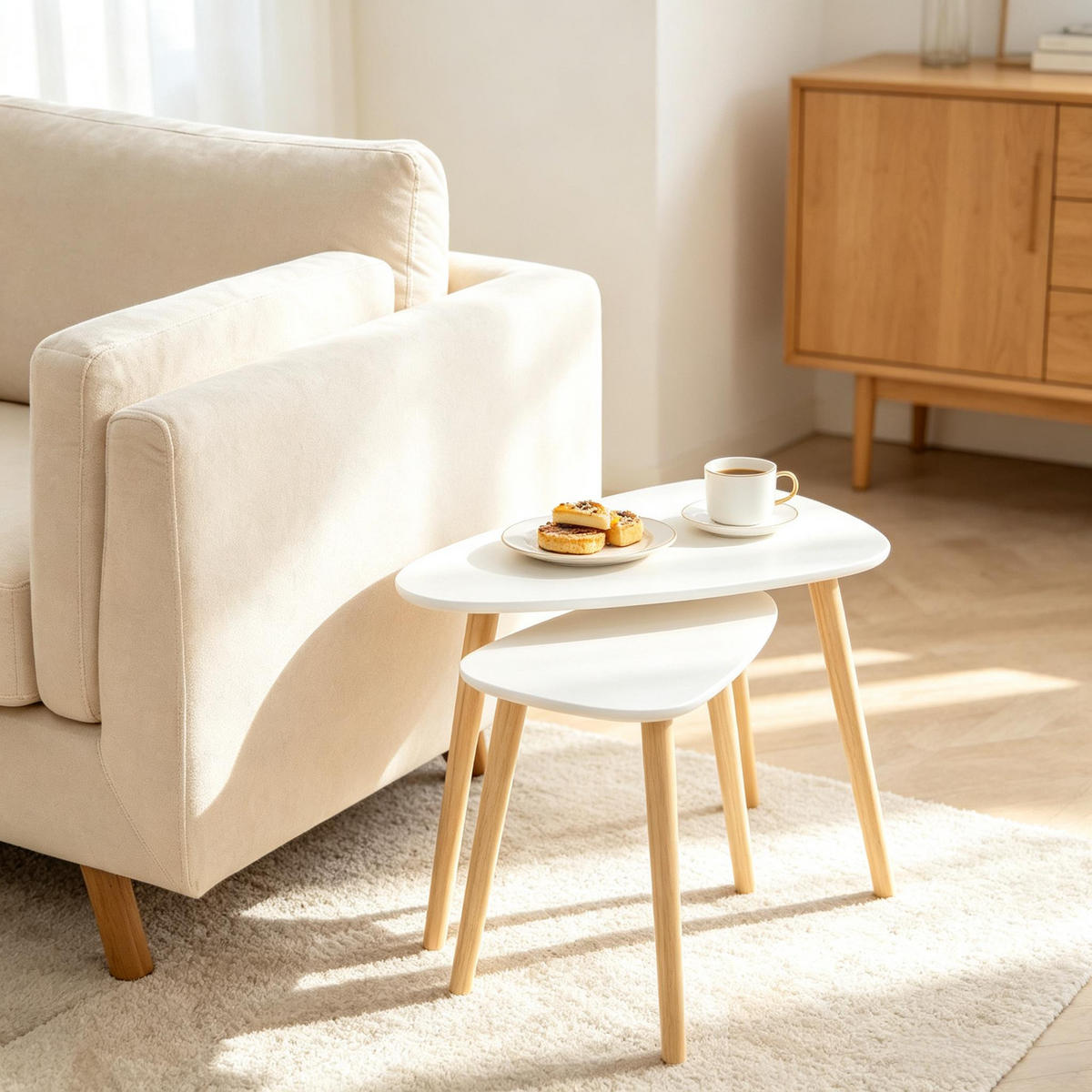 COUCHTISCH-SET DE-37257 2-tlg. skandinavisch mit Kiefernholzbeinen Weiß/Natur - Weiß, Holzwerkstoff (39.5/59.5/45cm) - ComfortXL