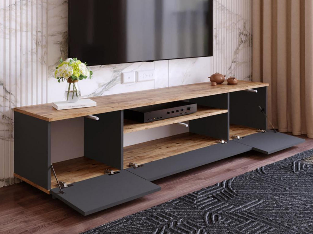 TV-MÖBEL mit 3 Türen & 1 Ablagefach - Anthrazit & Holzfarben - LOTULA - Anthrazit, Holz (44.5/44.6/180cm) - Vente-Unique