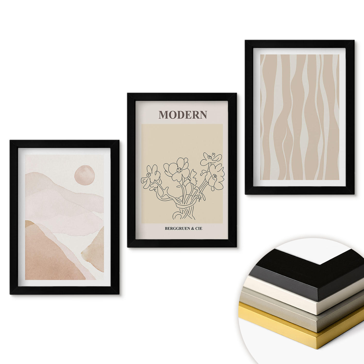 WANDBILDER 3er-Set - 20x30 cm Schwarzer Rahmen - Abstrakte Formen und Farben - Schwarz, Kunststoff (20/30cm) - ArtPrintCave