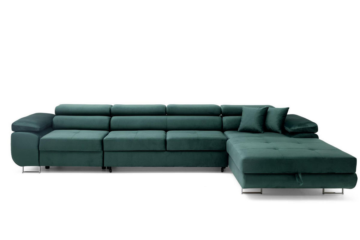 ECKSOFA ALONZO MAXI Rechts mit Schlaffunktion 125x195 Velours Grün - Silberfarben/Grün, Holz/Textil (203/350cm) - Muffo