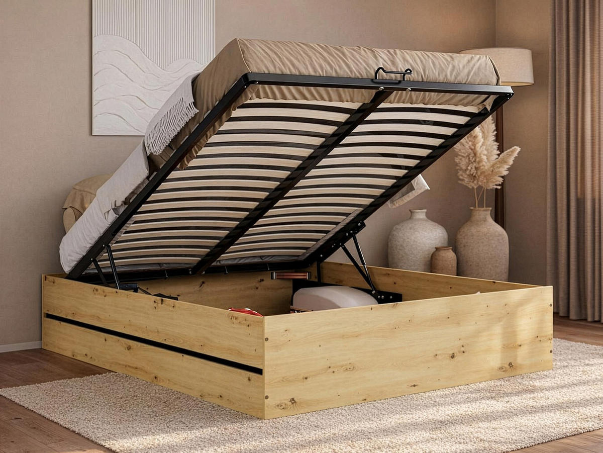 BETT mit Bettkasten - 2 Personen - holz - schwarz, naturfarben hell Ludaro - Schwarz/Naturfarben, Holz (160/200cm) - Vente-Unique