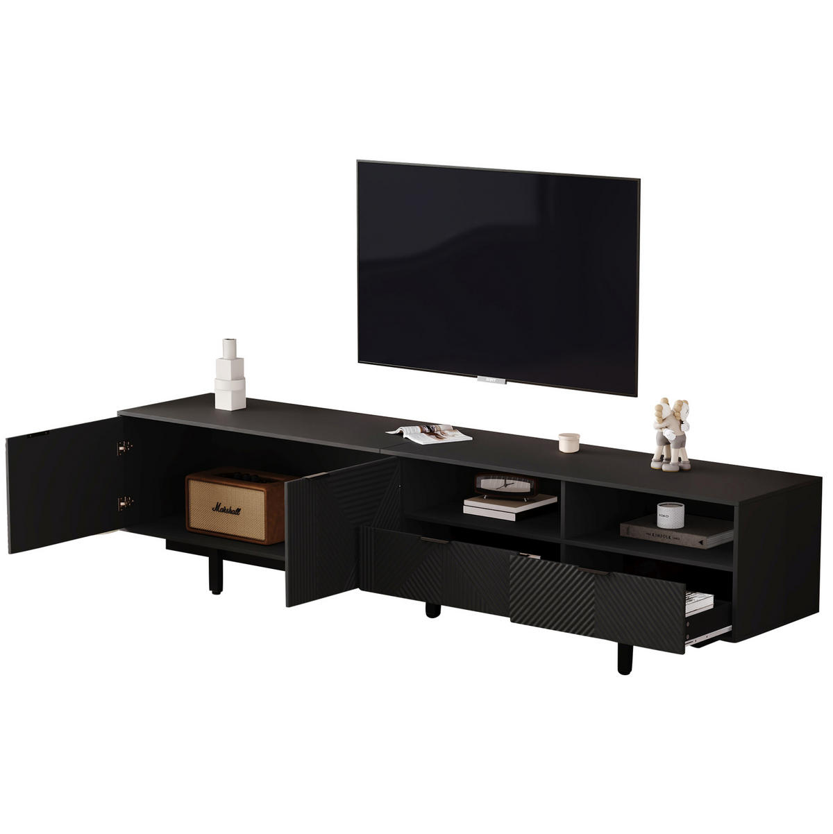 TV-LOWBOARD aus Spanplatte 200x40x51 cm Schwarz mit Stauraum, Kabelmanagement und geometrischem Frontdesign - Schwarz, Holzwerkstoff (200/51/40cm) - Modfu