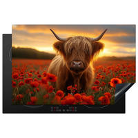 HERDABDECKPLATTE Schottische Highlander - Rosen - Blumenfeld - Sonnenuntergang Induktionsmatte 81x52 cm - Rotbraun, Kunststoff (81/52/0.2cm) - MuchoWow