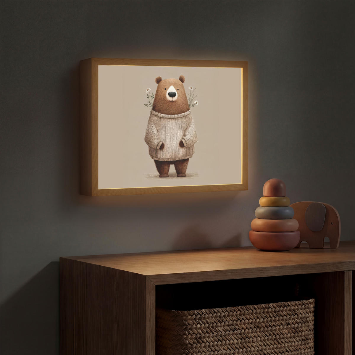 DOBÍJECÍ NOČNÍ LAMPIČKA Medvěd - Bílé květy - Cosy 40x30 cm - šedohnědá, kompozitní dřevo (8/40/30cm) - OnlyWow