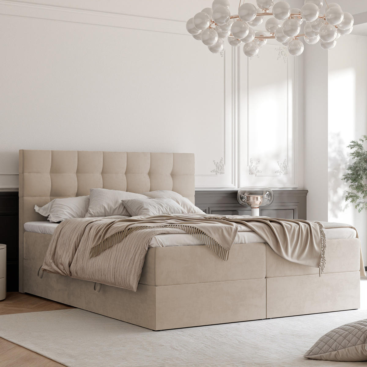 BOXBETT GRAND 180/200 cm, in Hellbeige, mit Matratze und Topper - Sandfarben, Holzwerkstoff/Textil (180/200cm) - Idohome