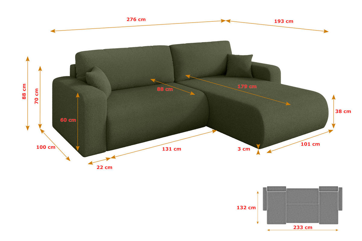 ROHOVÁ SEDAČKA s funkcí spaní, otoman vpravo BERY-L 276x193x88 zelená bouclé - černá/zelená barva, kompozitní dřevo/textil (276/193cm) - ALTDECOR