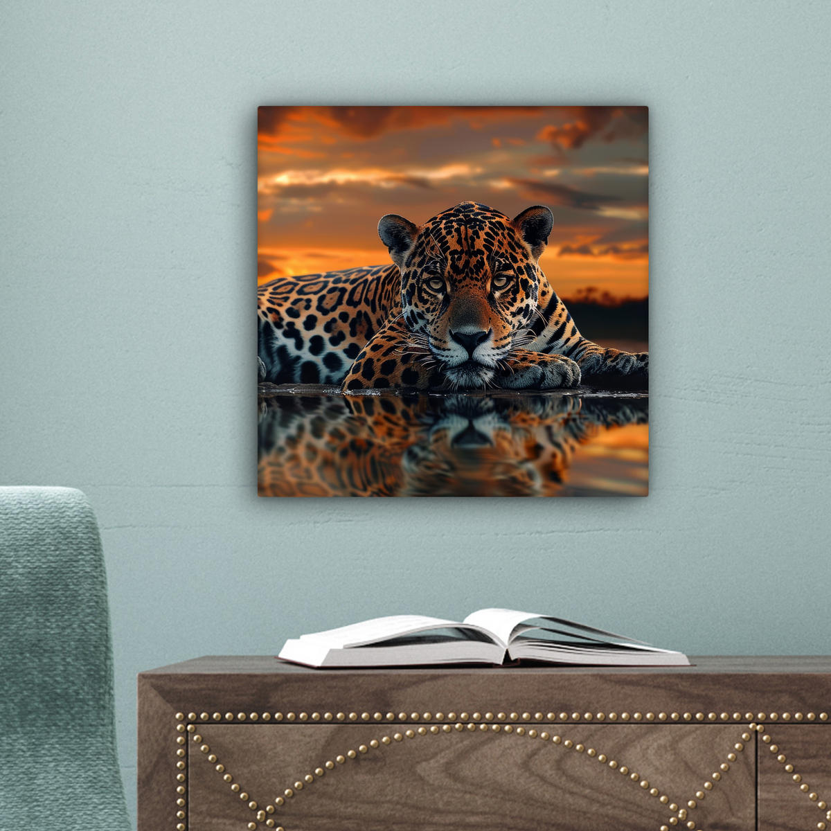 LEINWANDBILD Natur - Leopard - Tier - Sonnenuntergang - Modern Deko Wohnzimmer 20x20 cm - Orange, Textil (20/20cm) - MuchoWow