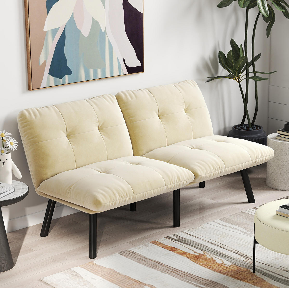 SOFA-BETT klappbar in Cream mit Samtbezug - Weiß, Metall (160/78/81cm) - Meubliv