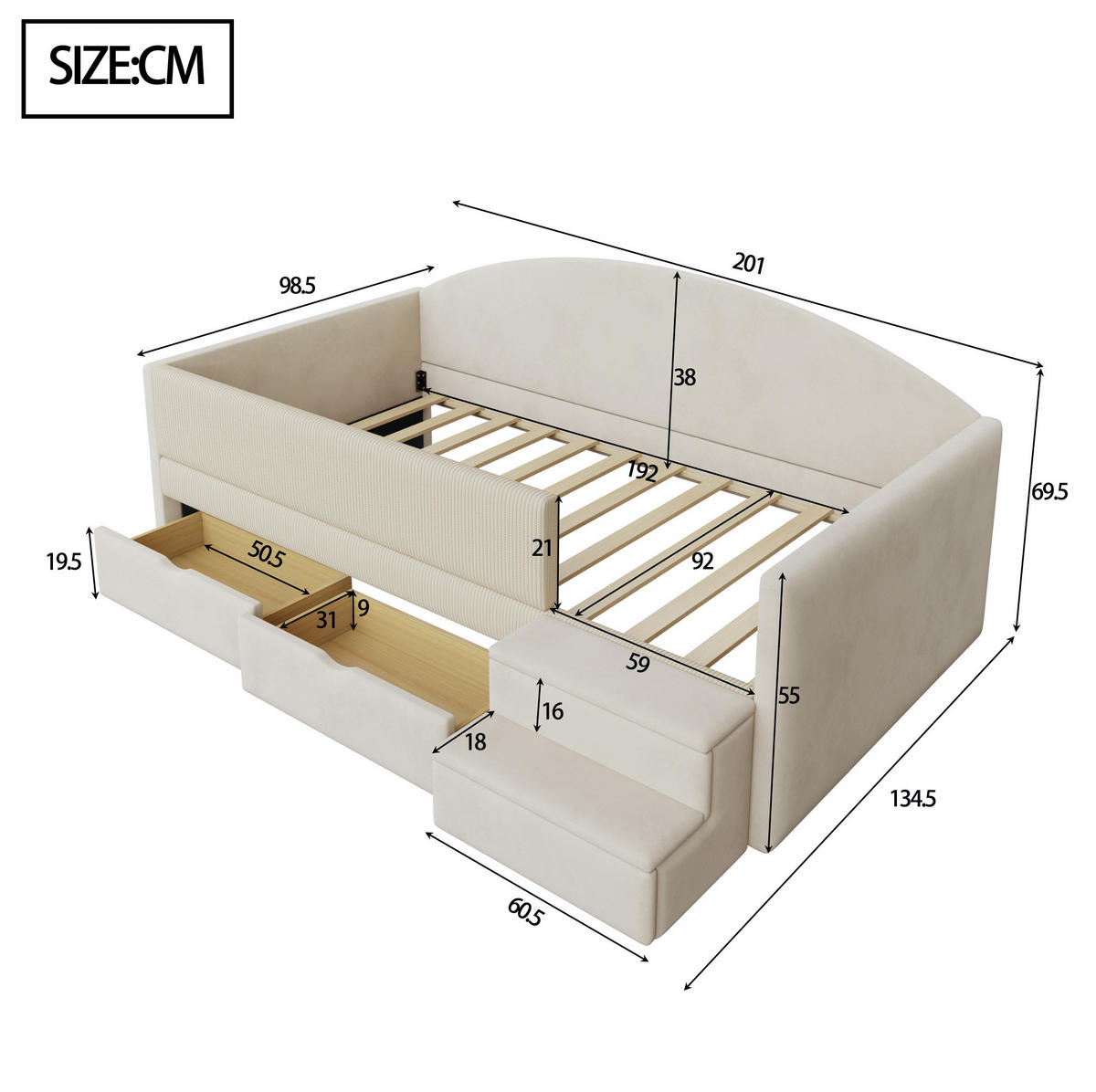 POLSTERBETT 90/190 cm aus Samt mit Schubladen und Stufen, Beige - Beige, Textil (90/190cm) - OKMYHOME