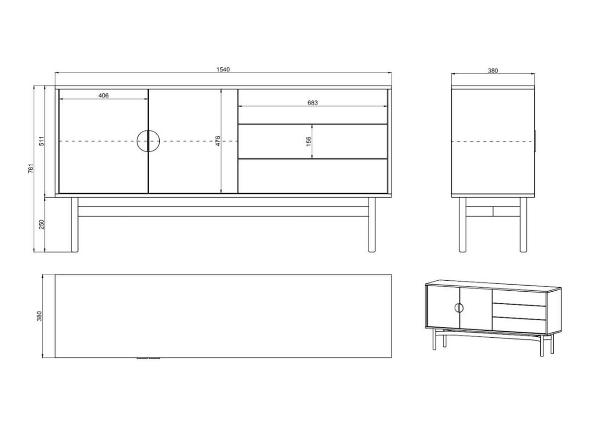 TV-LOWBOARD Stoon Weiß mit 3 Schubladen 154 cm - Goldfarben/Schwarz, Holzwerkstoff/Metall (154/76.1/38cm) - Selsey