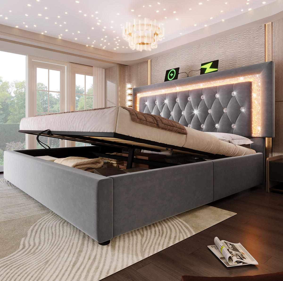 BETT mit Bettkasten, LED & USB 160x200 cm Samt Grau mit Matratze - Grau, Metall (160/200cm) - Meubliv