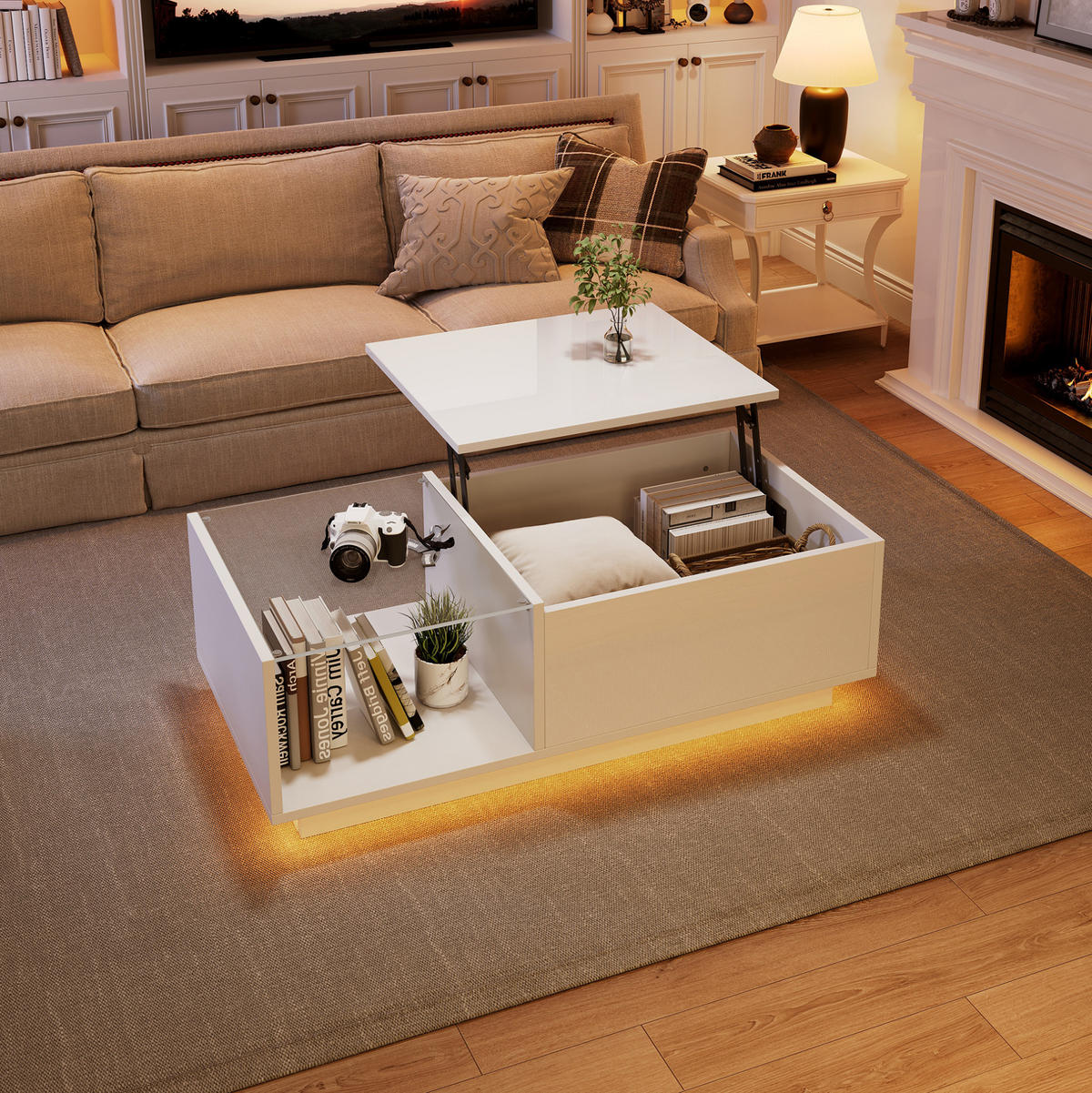 COUCHTISCH höhenverstellbar 100 x 50 cm Hochglanz White mit Stauraum - Weiß, Holzwerkstoff (100/50/33cm) - Meubliv