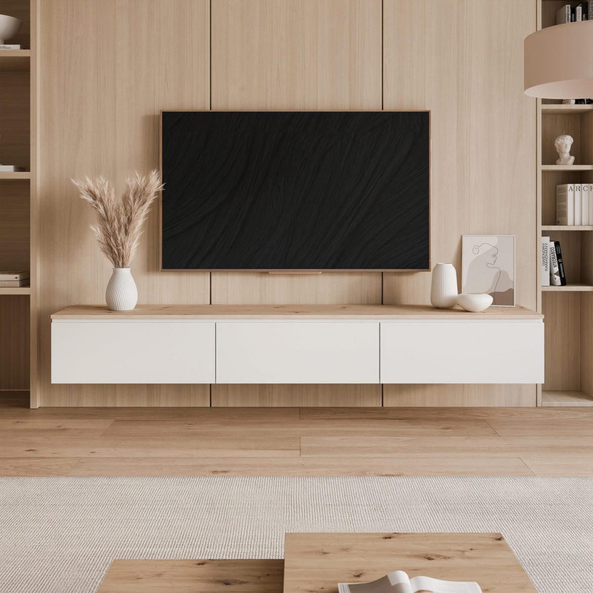 TV-LOWBOARD SELIA hängend 200 cm Weiß / Handgefertigte Eiche - Weiß, Holzwerkstoff (200/28.5/35cm) - Idohome