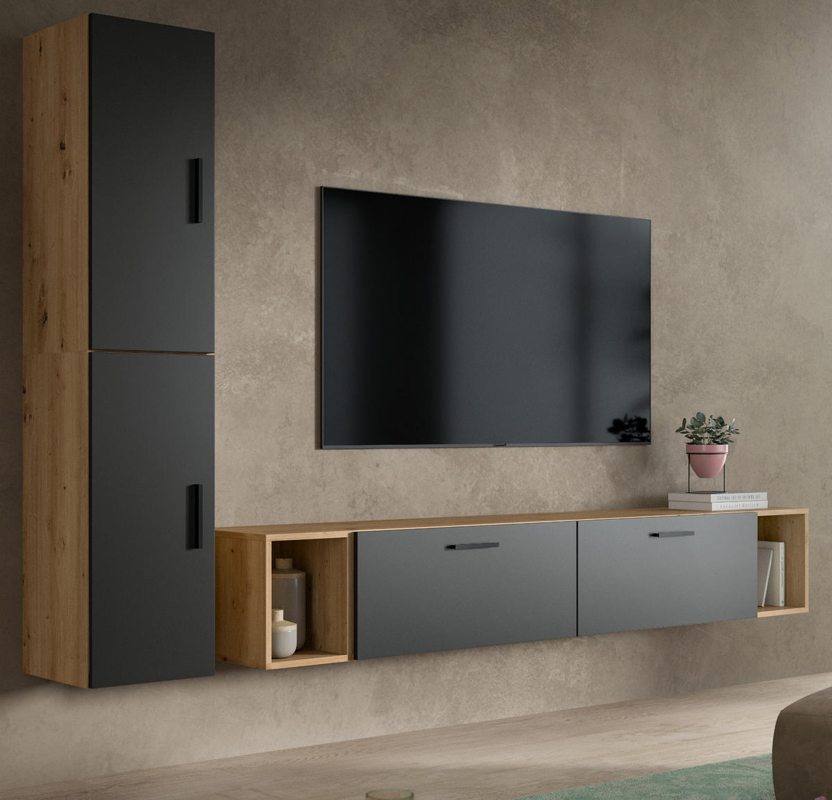 WOHNWAND grau, Eiche Artisan 249 x 184 cm, Wohnkombination hängend / stehend - Schwarz/Eiche Artisan, Holzwerkstoff/Kunststoff (249/184/34cm) - Inn.Furn