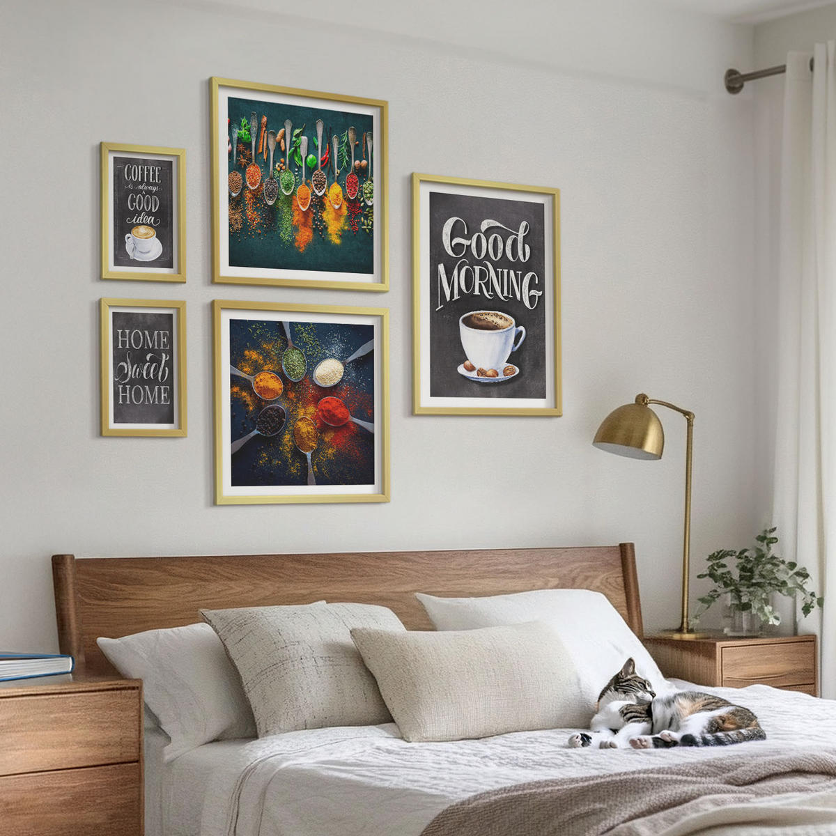 BILDER SET 5er Set - 50x50 cm & 20x30 cm & 40x60 cm Goldrahmen - Gewürze, Kaffee, Tasse, Kräuter - Goldfarben, Kunststoff (40/60cm) - TULUP