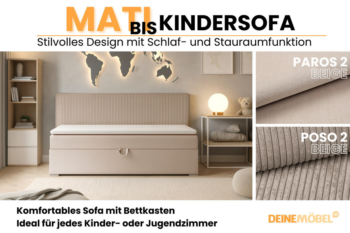 BOXBETT MATI BIS 90/200 Beige mit Taschen-Federkernmatratze H4 - Beige, Holz/Holzwerkstoff (90/200cm) - Deine Möbel 24