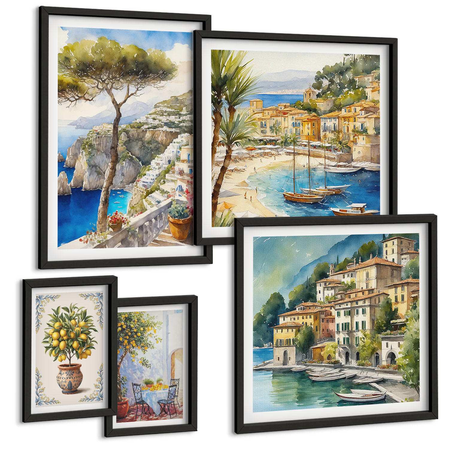 BILDER SET 5er Set - 50x50 cm & 20x30 cm & 40x60 cm Schwarzer Rahmen - Monochromatische Brückentürme - Schwarz, Kunststoff (40/60cm) - TULUP