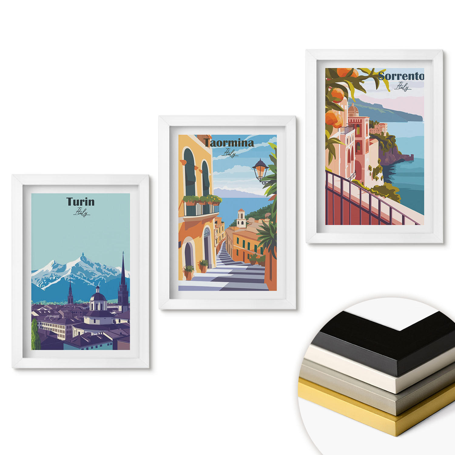 WANDBILDER 3er-Set - 20x30 cm Weißer Rahmen - Farbenfrohe Retro-Stadtansichten - Weiß, Kunststoff (20/30cm) - ArtPrintCave