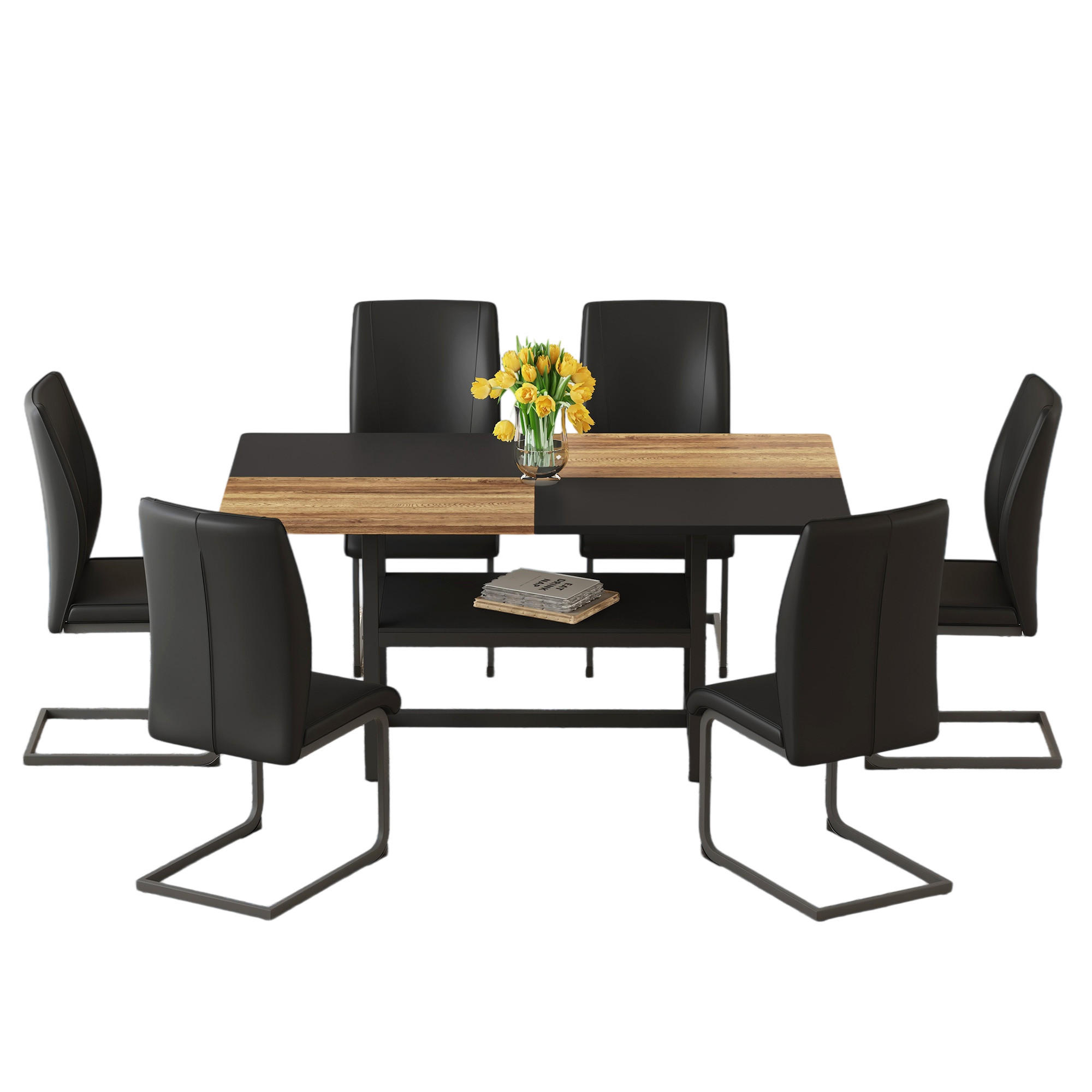ESSGRUPPE DE-39342 7-teilig, mit Abstellregal und 6 PU-Sesseln Schwarz - Schwarz, Holzwerkstoff (160/76/90cm) - ComfortXL