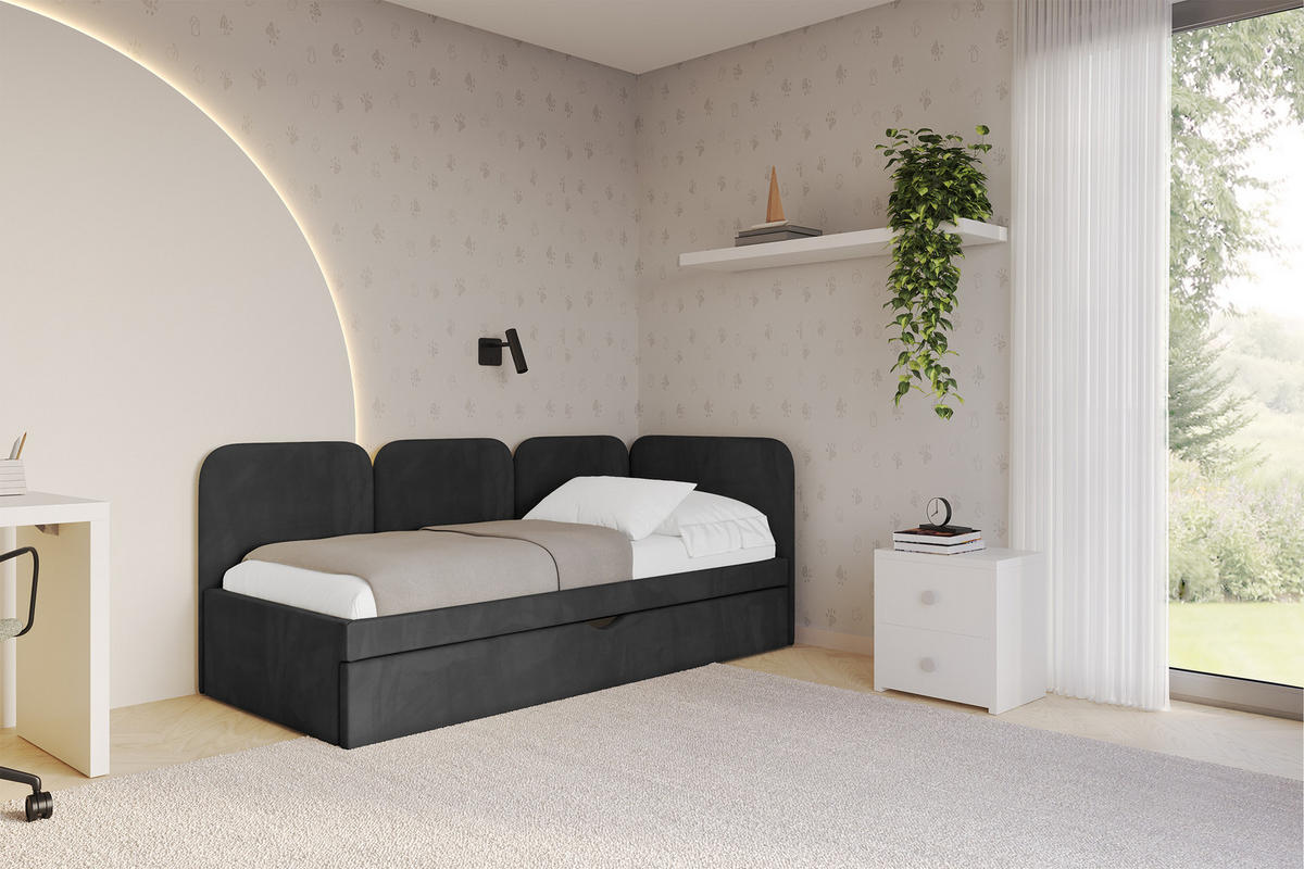 EINZELLBETT Jugendbett mit Bettkasten, Links - ALVY 100x200 Schwarz - Schwarz, Holzwerkstoff/Textil (100/200cm) - ALTDECOR