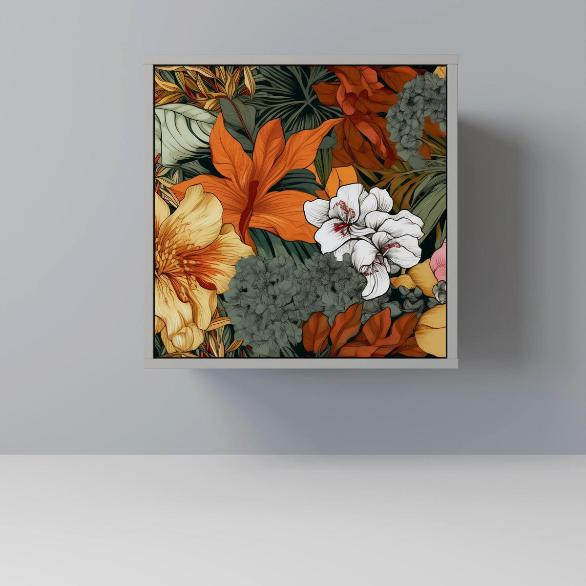 SIDEBOARD RADIANT FLORA, Grau, 57,5x42x67,5 cm, Schwarze Metall-Rahmenfüße - Multicolor/Schwarz, Holzwerkstoff/Metall (57.5/67.5/42cm) - SpaceRebels