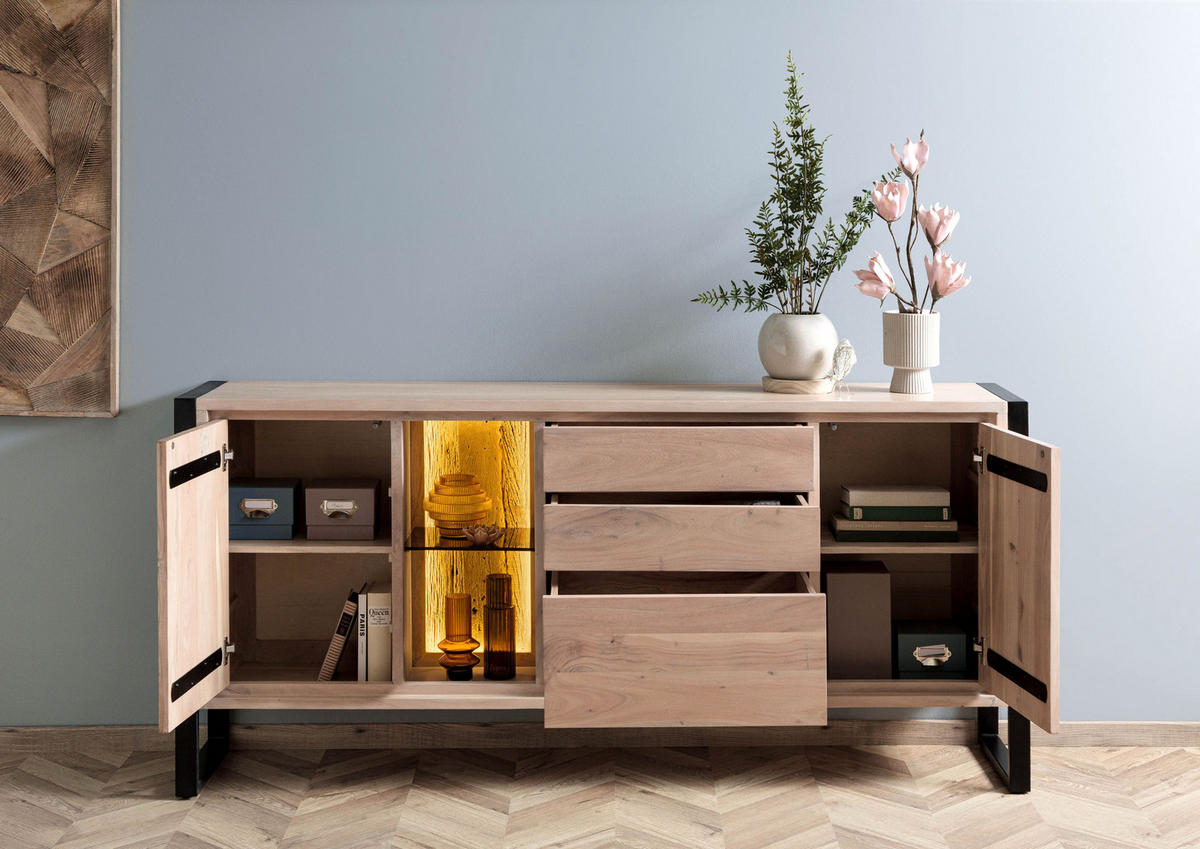 SIDEBOARD Akazie / Altholz 200x40x90 natur lackiert DENVER #112 - Braun, Holz (200/90/40cm) - Massivmoebel24