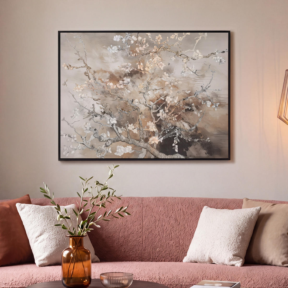 LEINWAND Bilder mit Rahmen - Mandelblüte - Kunst - Van Gogh - Beige - Abstrakt - 100x70 - Braun, Textil (100/70cm) - MuchoWow