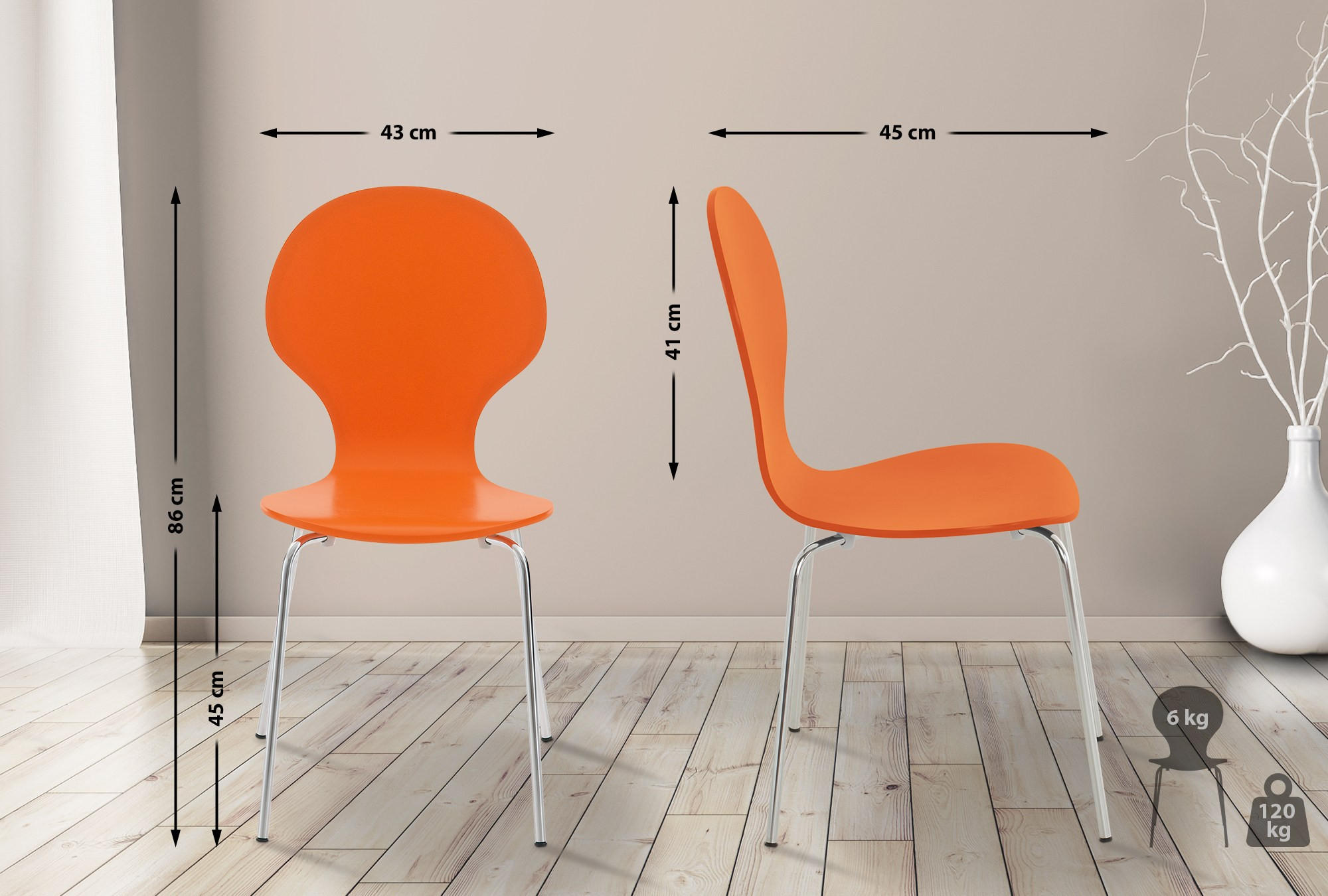 BESUCHERSTUHL Holz orange - Chromfarben/Orange, Holz/Metall (43/86/45cm) - CLP