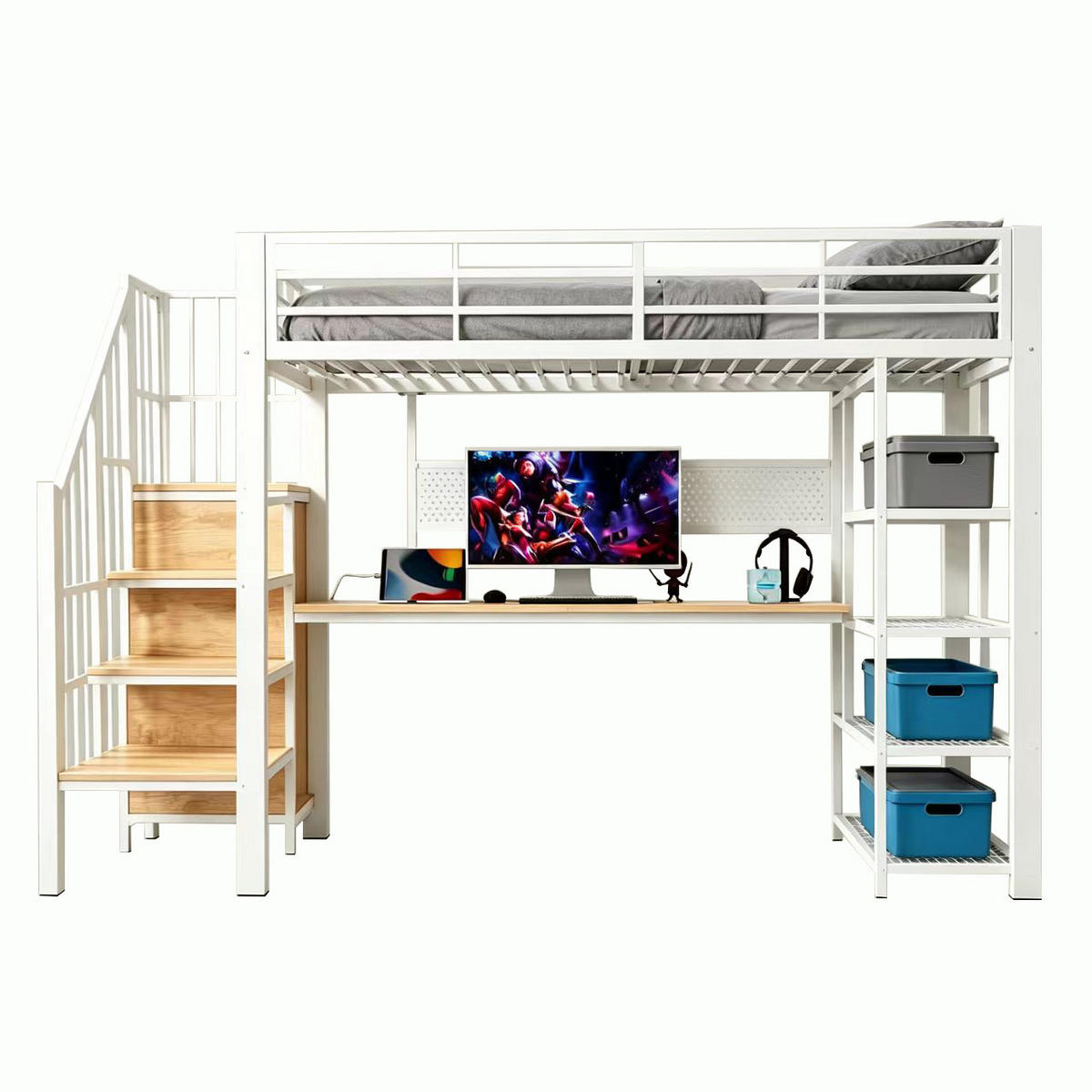 HOCHBETT 90/200 cm in Weiß mit Treppe, LED, Steckdosen und Regal aus Metall und Holz - Weiß, Holzwerkstoff/Metall (90/200cm) - CHICFURN