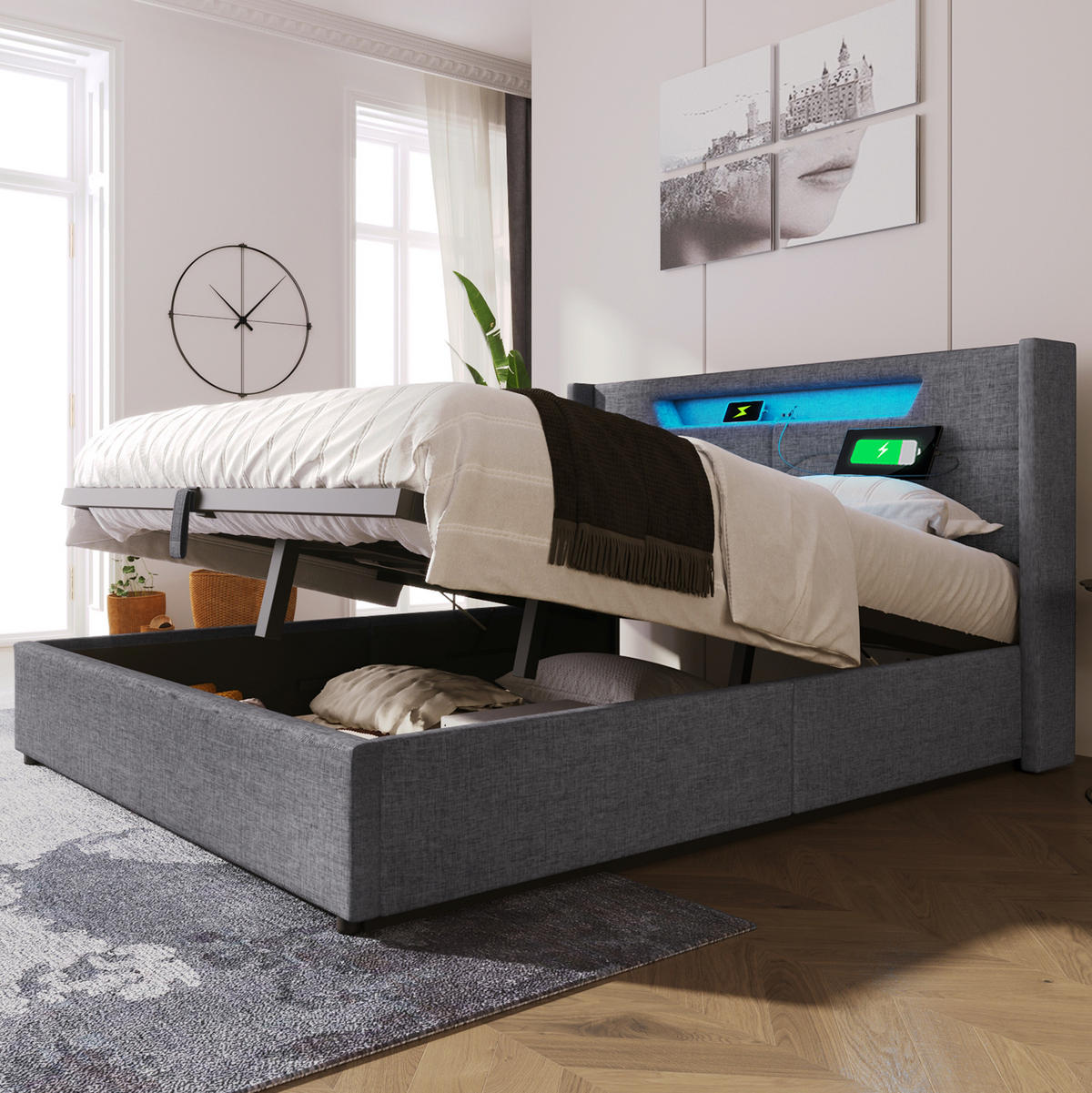 ČALOUNĚNÁ postel s LED osvětlením, 140/200 cm, šedá lněná látka, USB-C a úložný prostor - šedá, textil (140/200cm) - Modenvie
