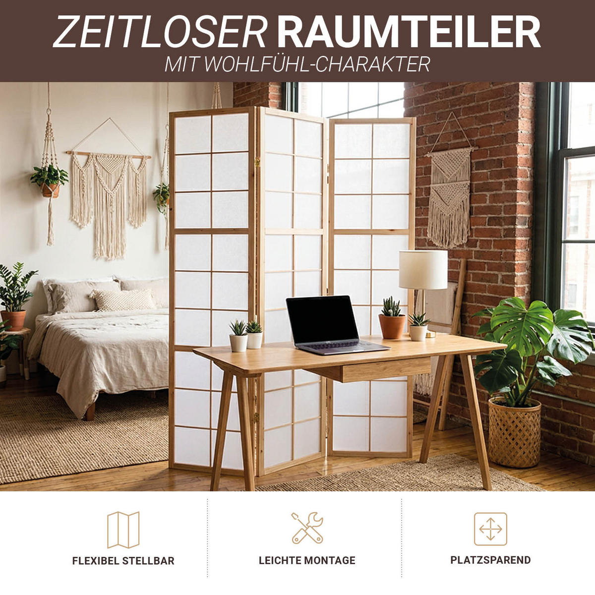 PARAVENT 3-tlg. 132/175 cm Braun Shoji - Braun, Holz (132/175/2cm) - Homestyle4u
