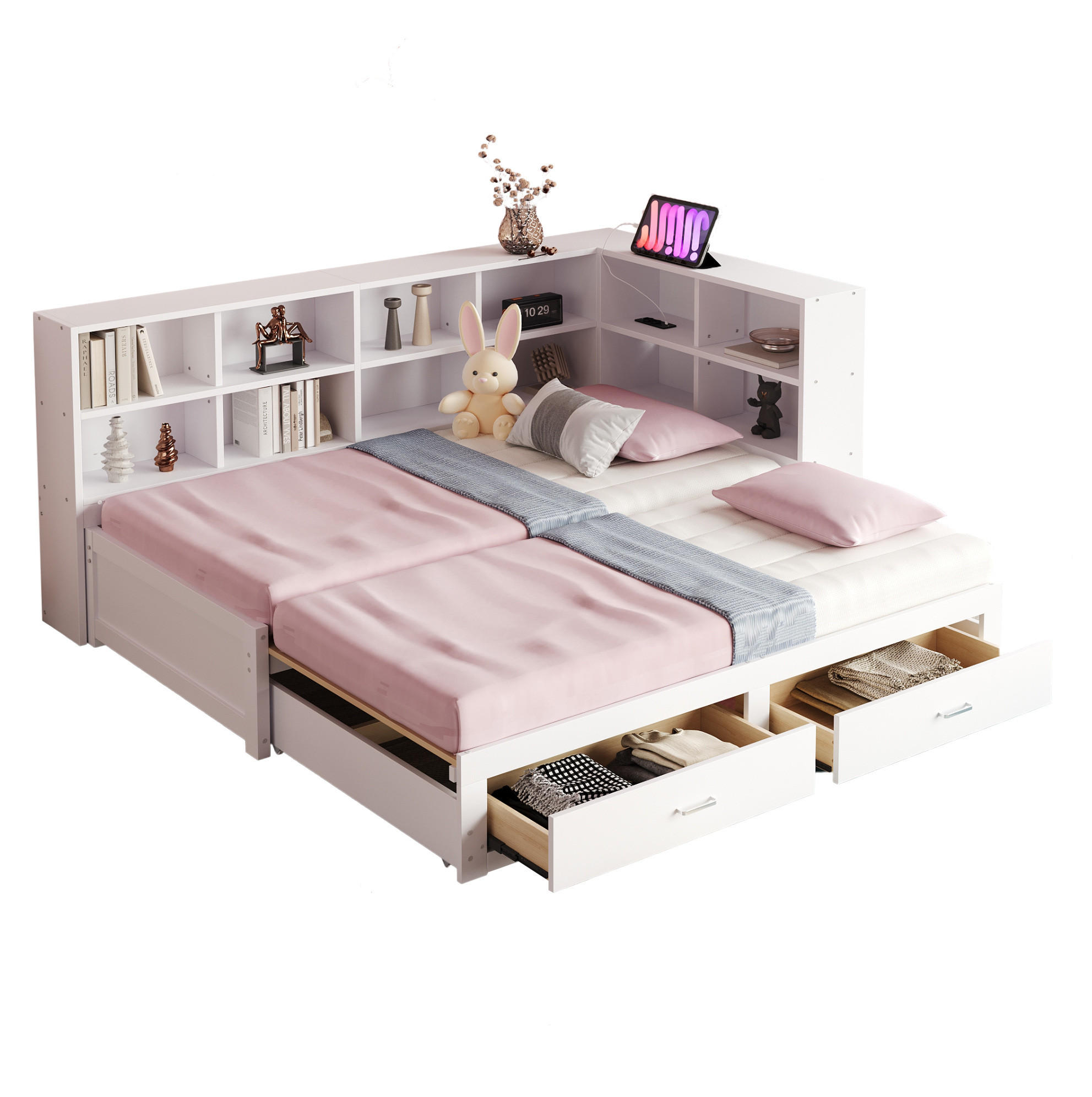 BETT 90/190 cm mit Ausziehbett, Stauraum & Lattenrost in Weiß - Weiß, Holzwerkstoff (90/190cm) - BEAOK