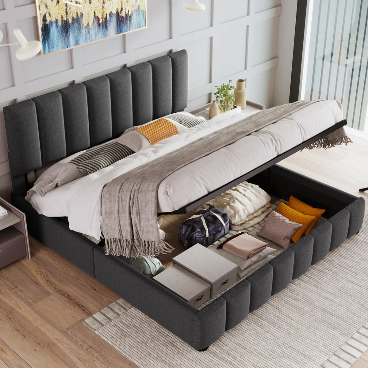 POLSTERBETT 140/200 cm mit Bettkasten, verstellbarem Kopfteil und Lattenrost - Grau, Textil (140/200cm) - BEAOK