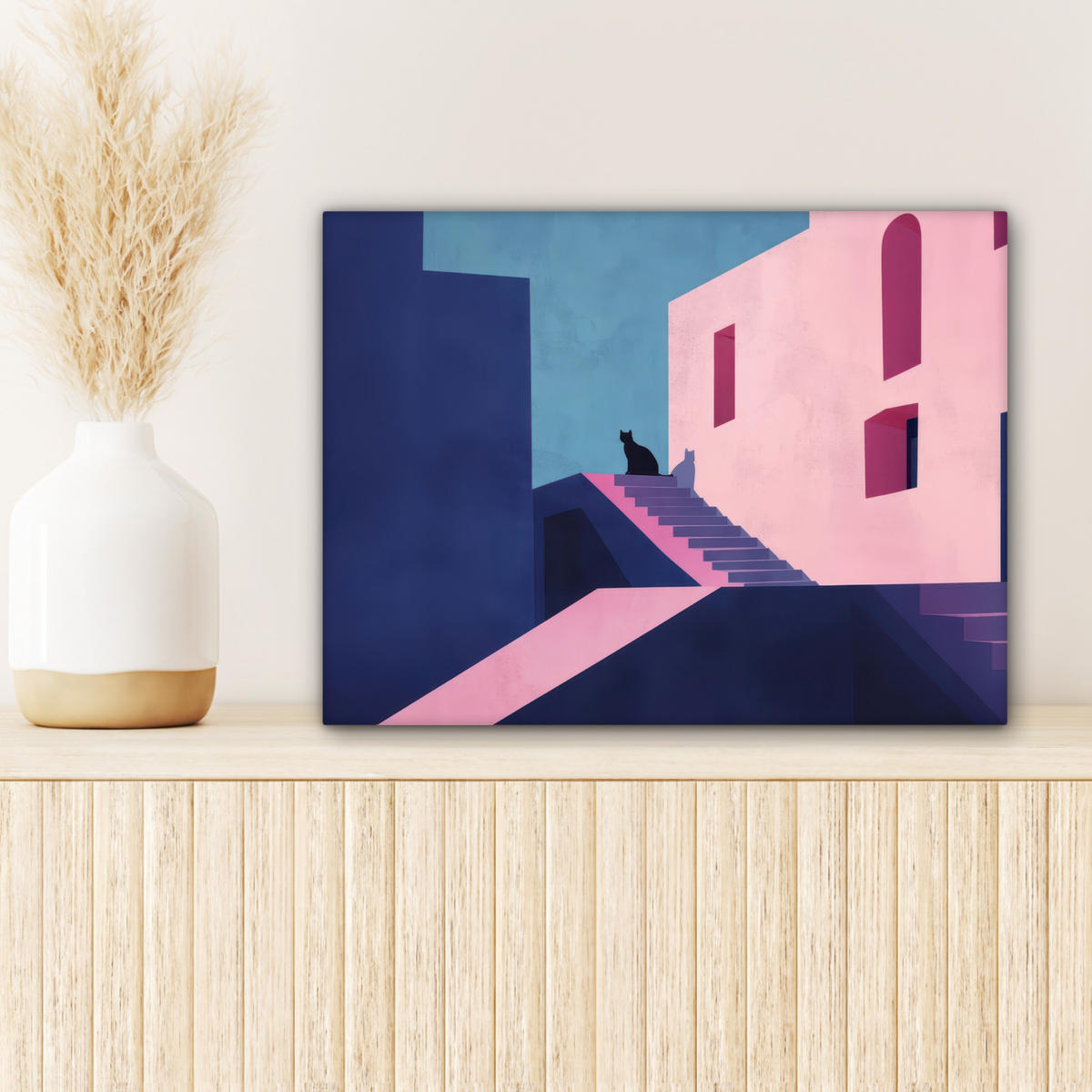 LEINWANDBILD Katze - Treppe - Gebäude - Schattenkontraste Wandbild 40x30 cm - Dunkelblau, Textil (40/30cm) - MuchoWow