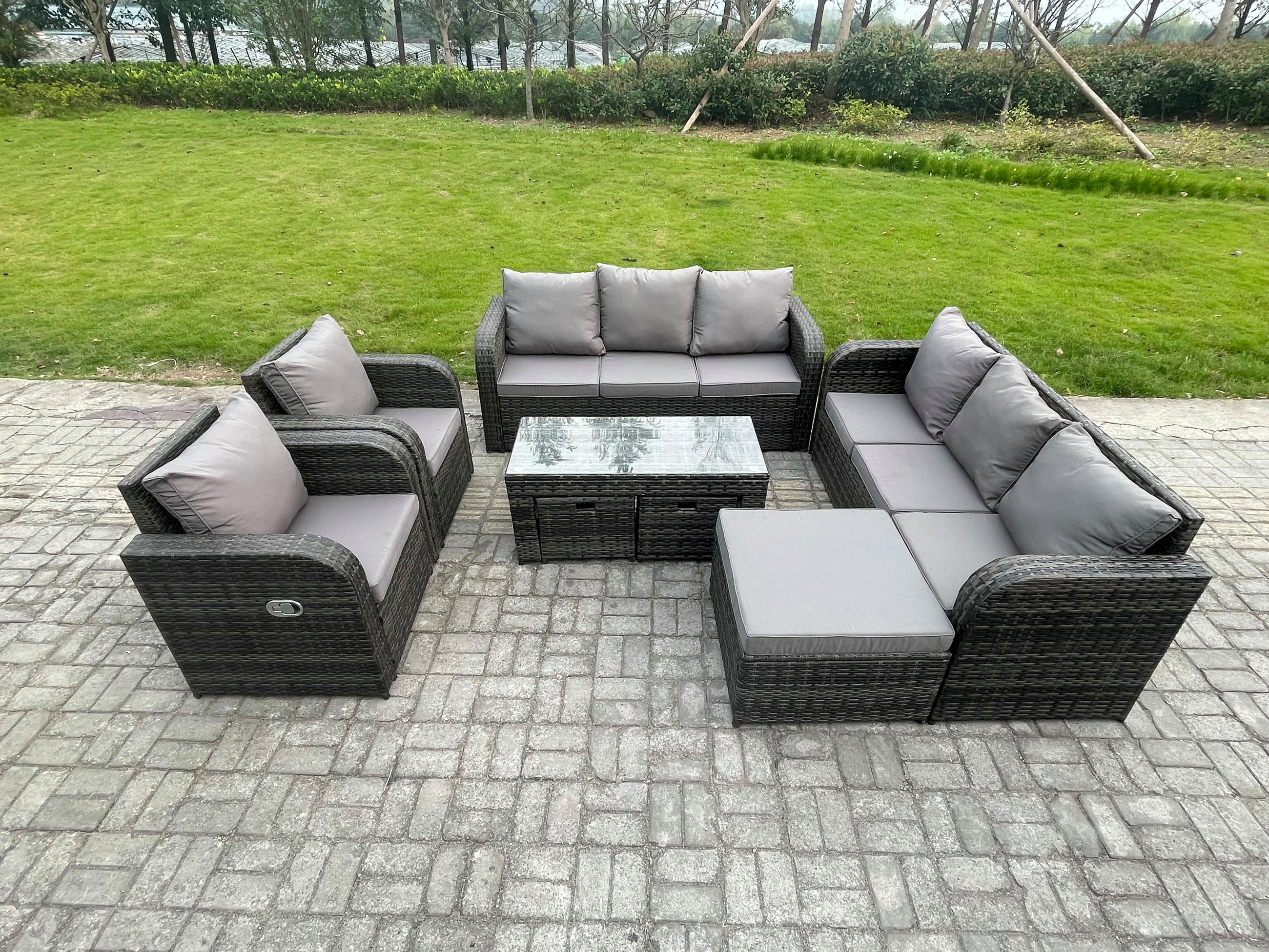 GARTENSOFA SET mit rechteckigem COUCHTISCH Polyrattan 9-Sitzer Dunkelgrau - Dunkelgrau/Grau, Glas/Kunststoff - Fimous