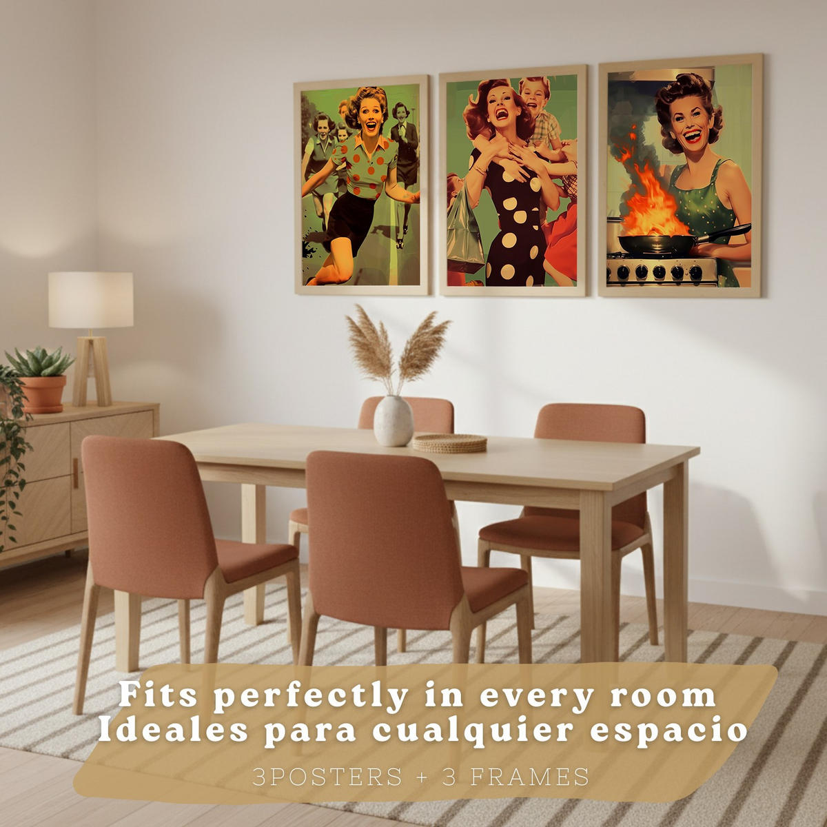 POSTER 3er Bilder-Set Wandbilder Retro Pin-up modern Wohnzimmer Deko, Schlafzimmer, Küche, Badezimmer Leichter Holzrahmen A3 - Beige, Papier (29.7/1/42cm) - Nacnic