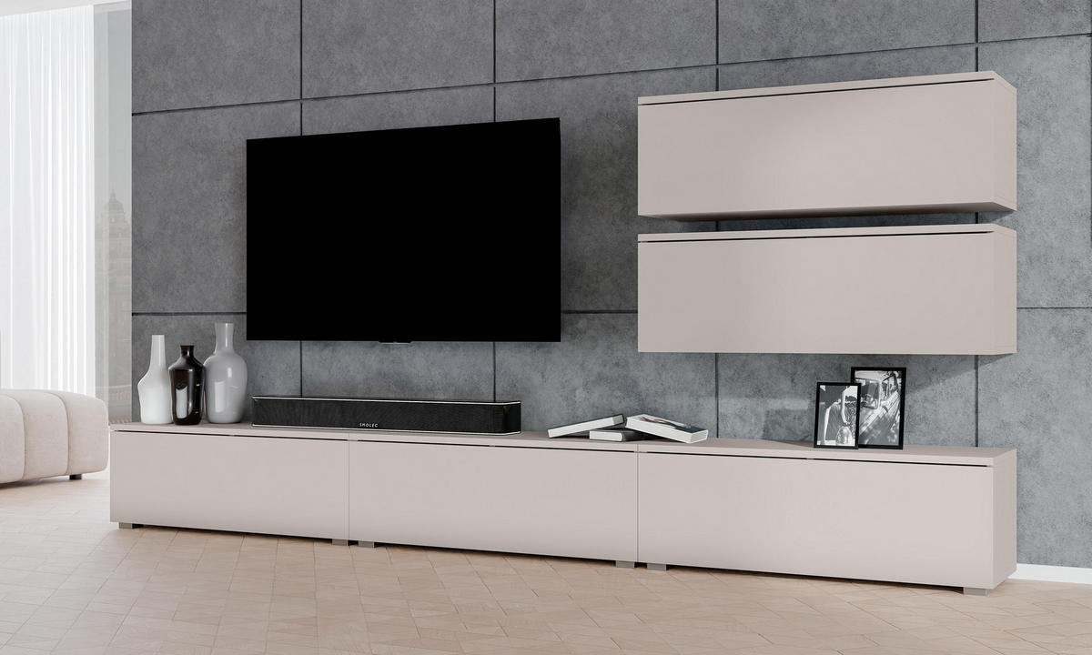 WOHNWAND Loriano V Beige Kaschmir 300/104,5/32 cm – Hängend und Stehend - Beige, Holzwerkstoff/Kunststoff (300/104.5/32cm) - AX Living