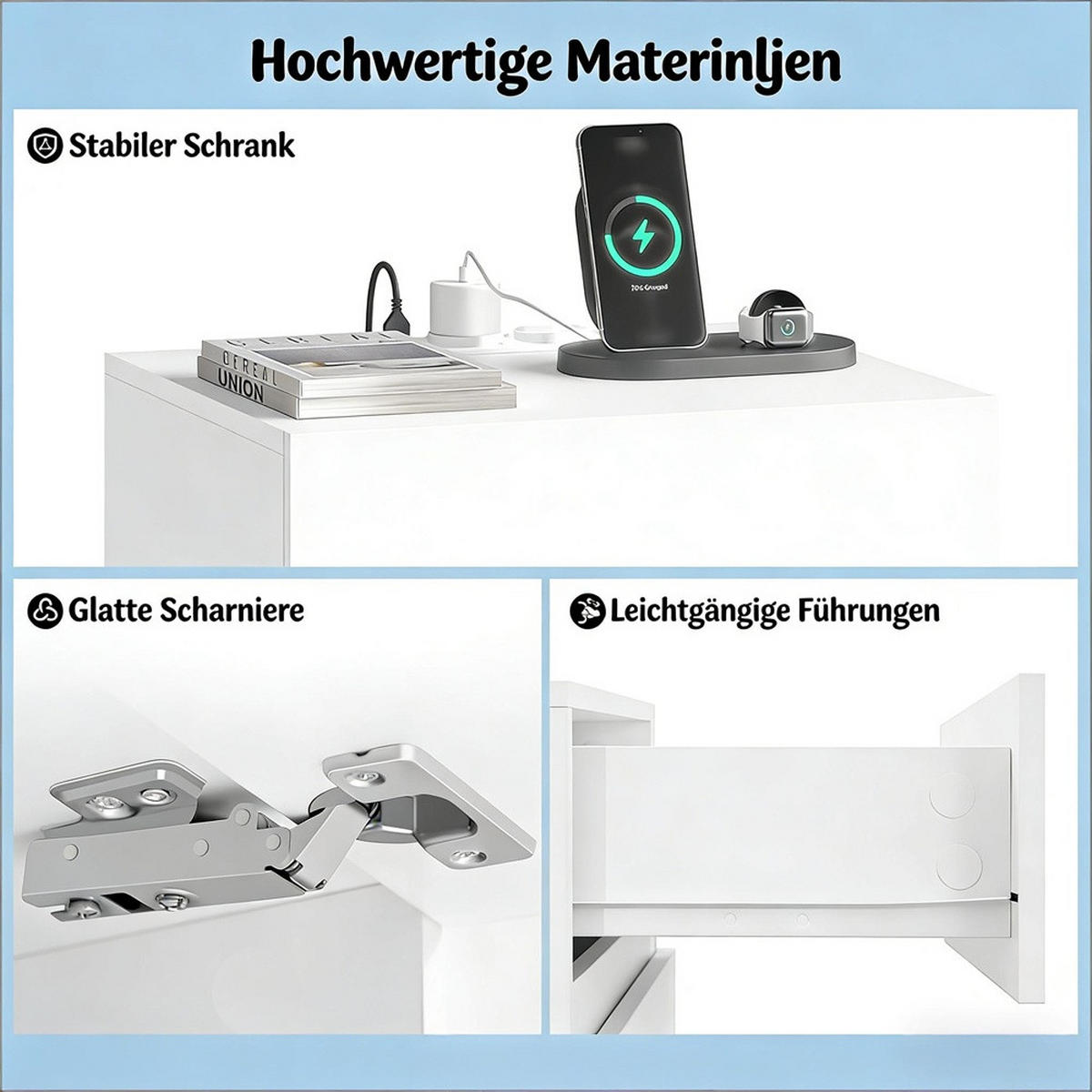 NACHTTISCH Weiß mit Steckdosen und USB-Anschlüssen - Nachtschrank mit LED-Beleuchtung mit 2 Schubladen - Weiß, Holzwerkstoff (40/55/35cm) - DELFA