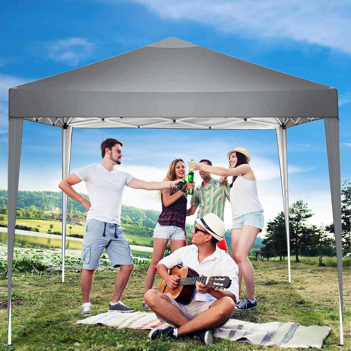 FALTPAVILLON 300 x 300 cm Grau Höhenverstellbar Wasserdicht - Grau, Textil (299.7/269.2/299.7cm)